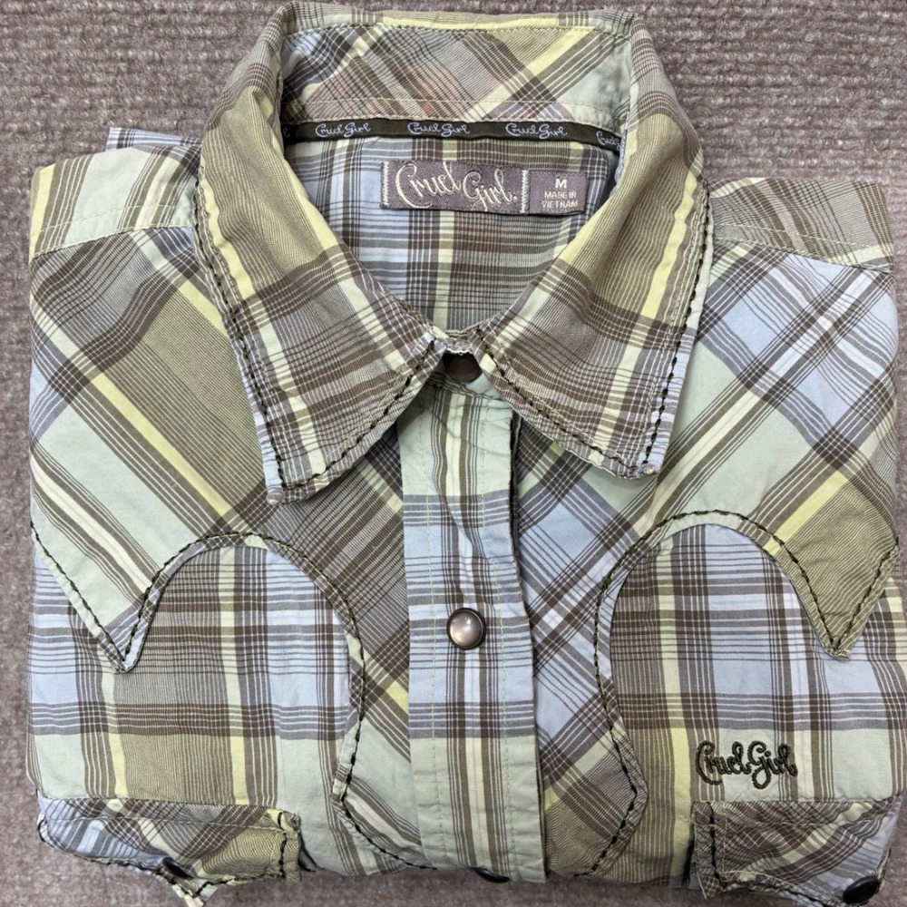 Cruel Girl Womens Western Snap Shirt Plaid Green Tan Long Sleeve Cowgirl M - Picture 2 of 12